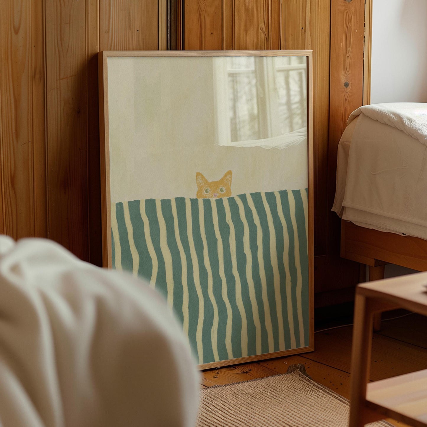 Orange Cat In Bed Stripe Green