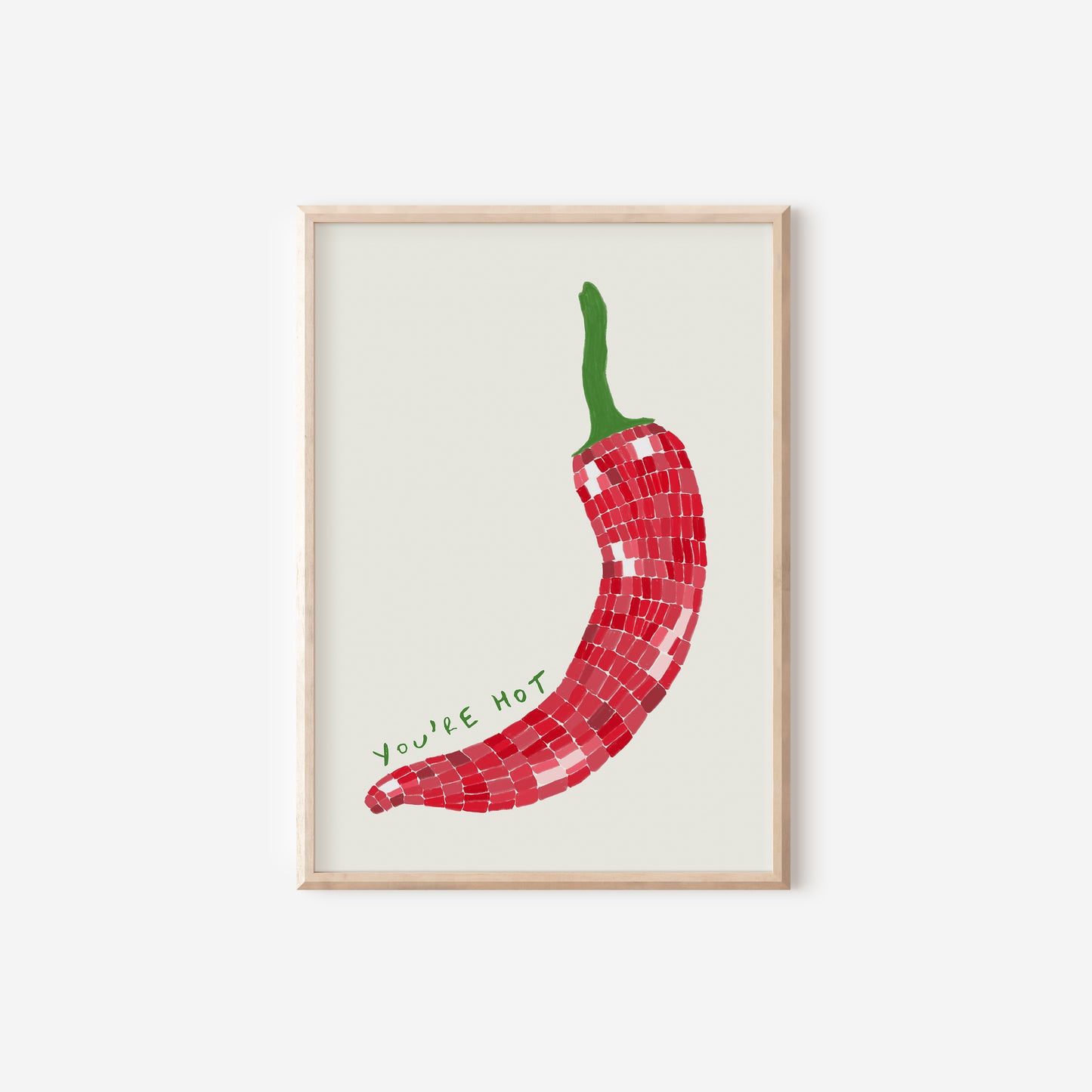 a picture of a red chili on a white wall