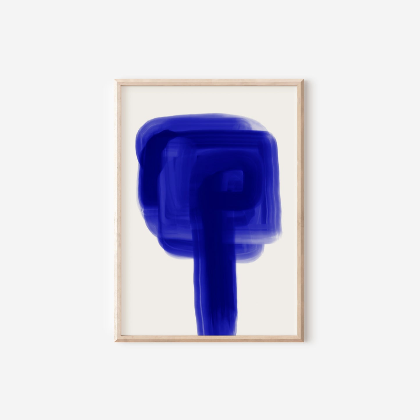 a blue abstract painting on a white wall
