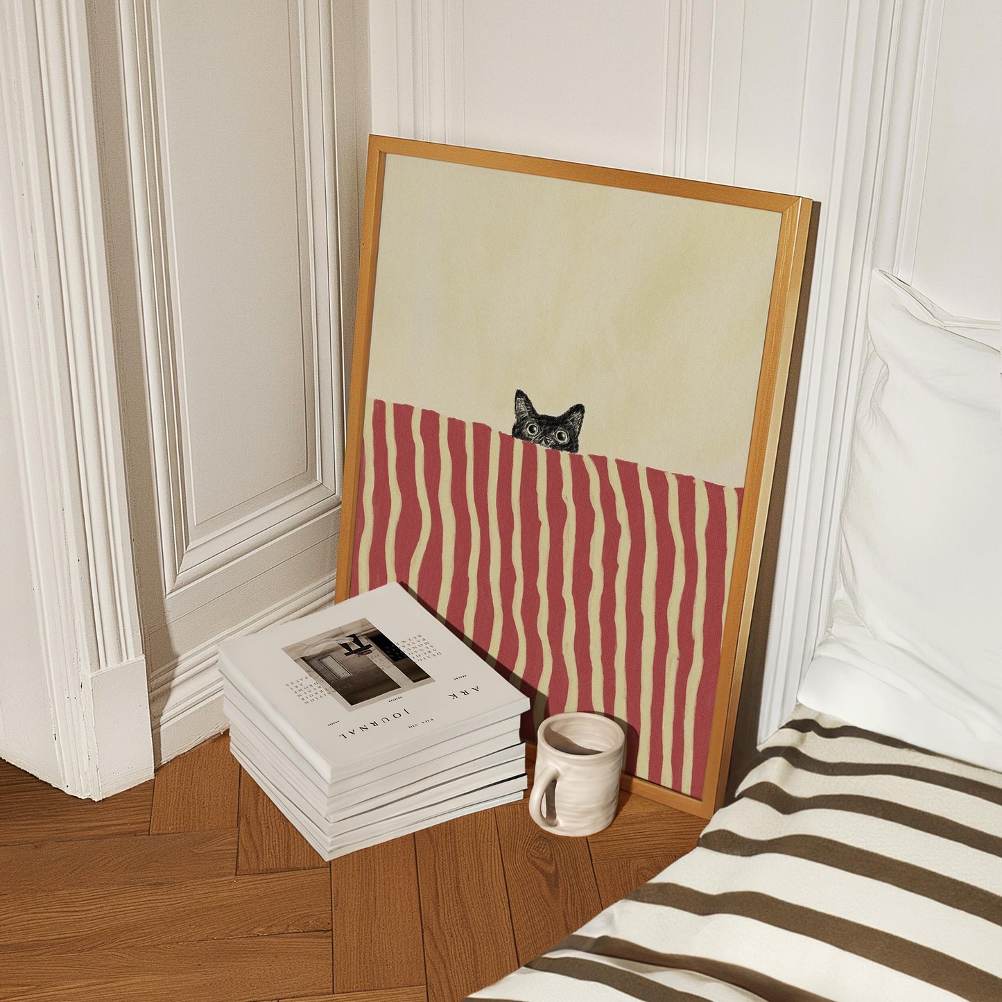 Black Cat In Bed Stripe Red