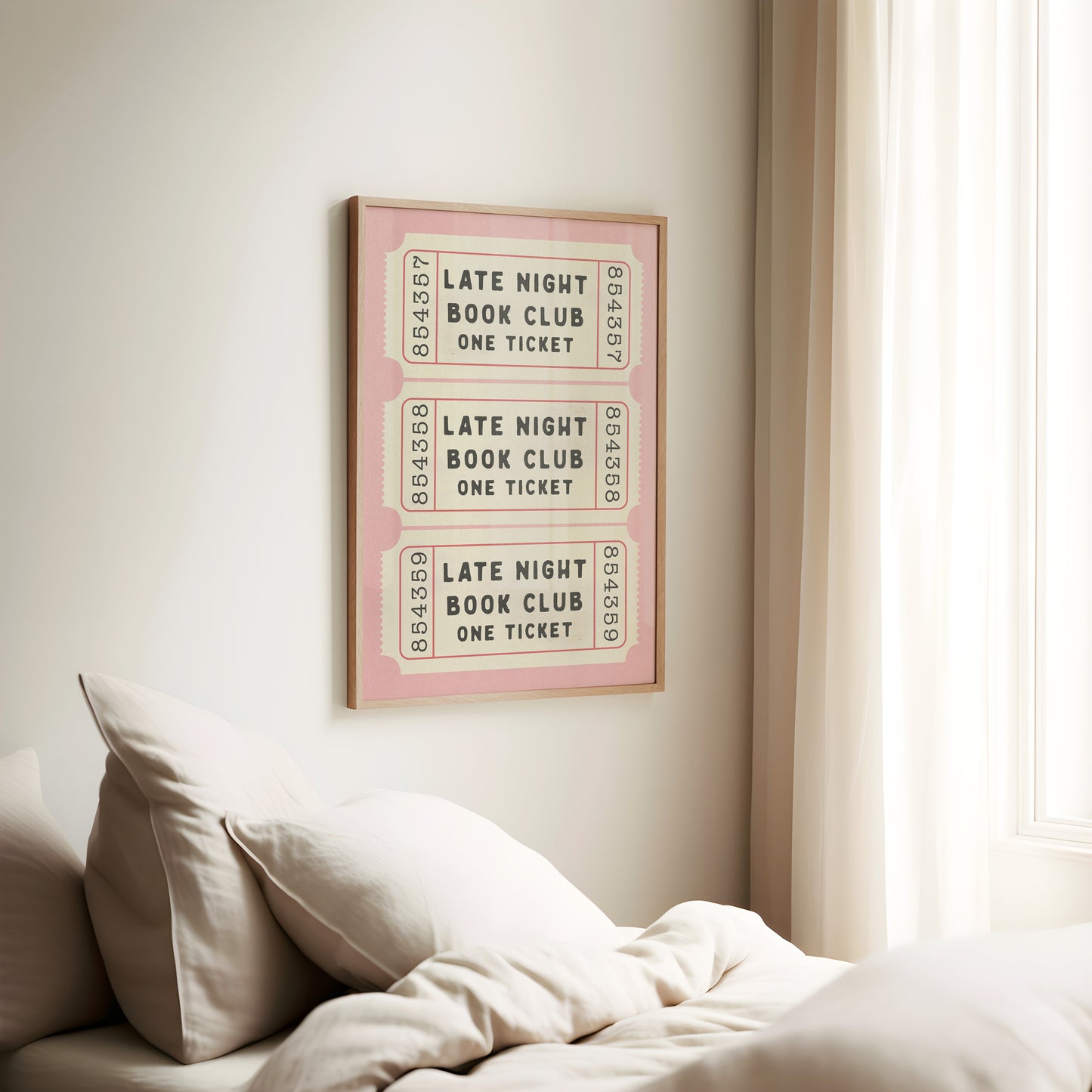 a bedroom with a bed and a poster on the wall