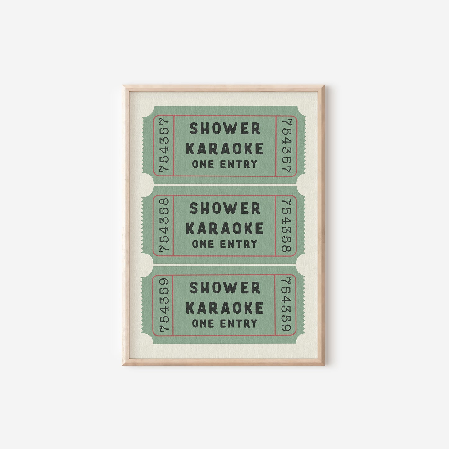 three green tickets with the words shower, karaoke, one entry