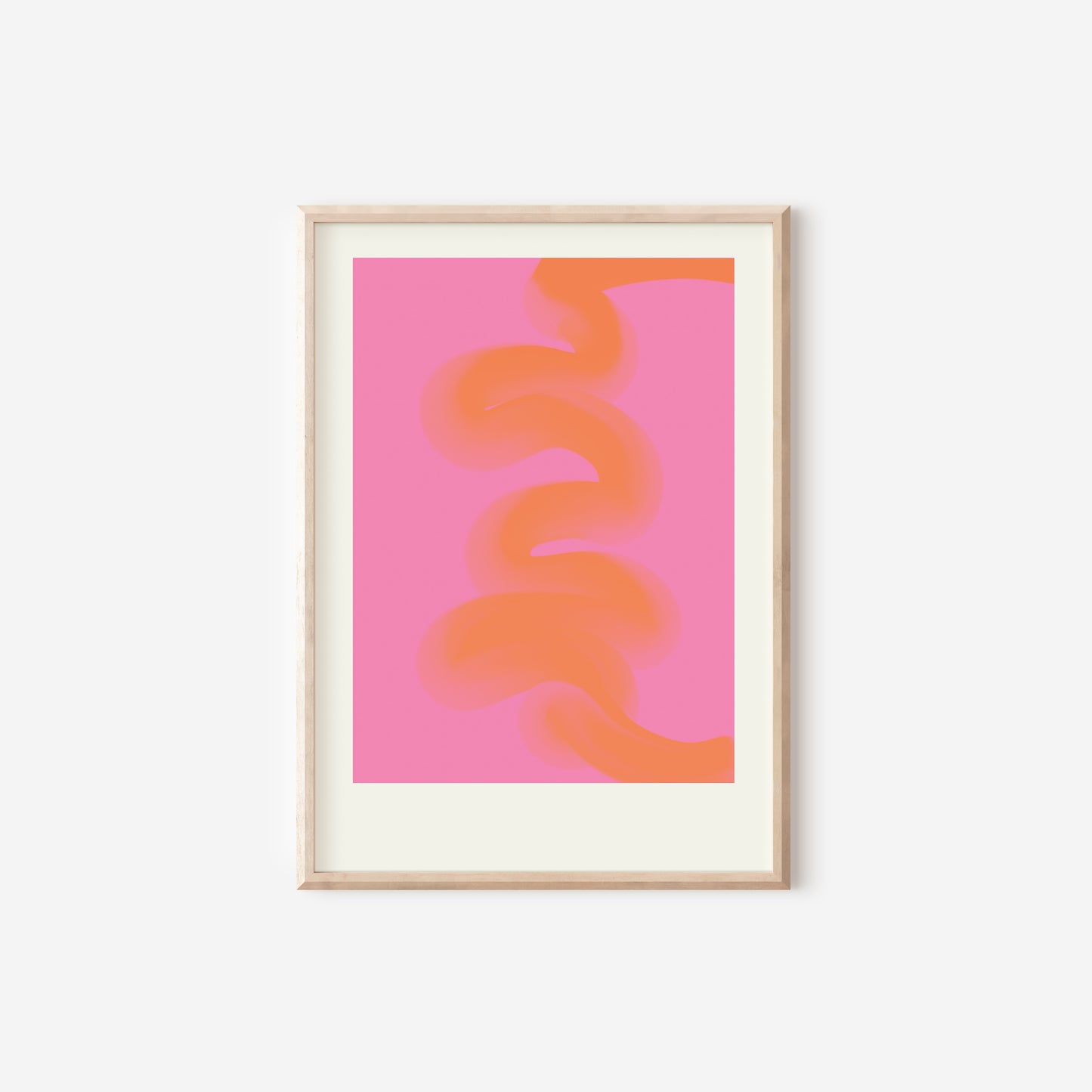 a pink and orange abstract art piece hanging on a wall