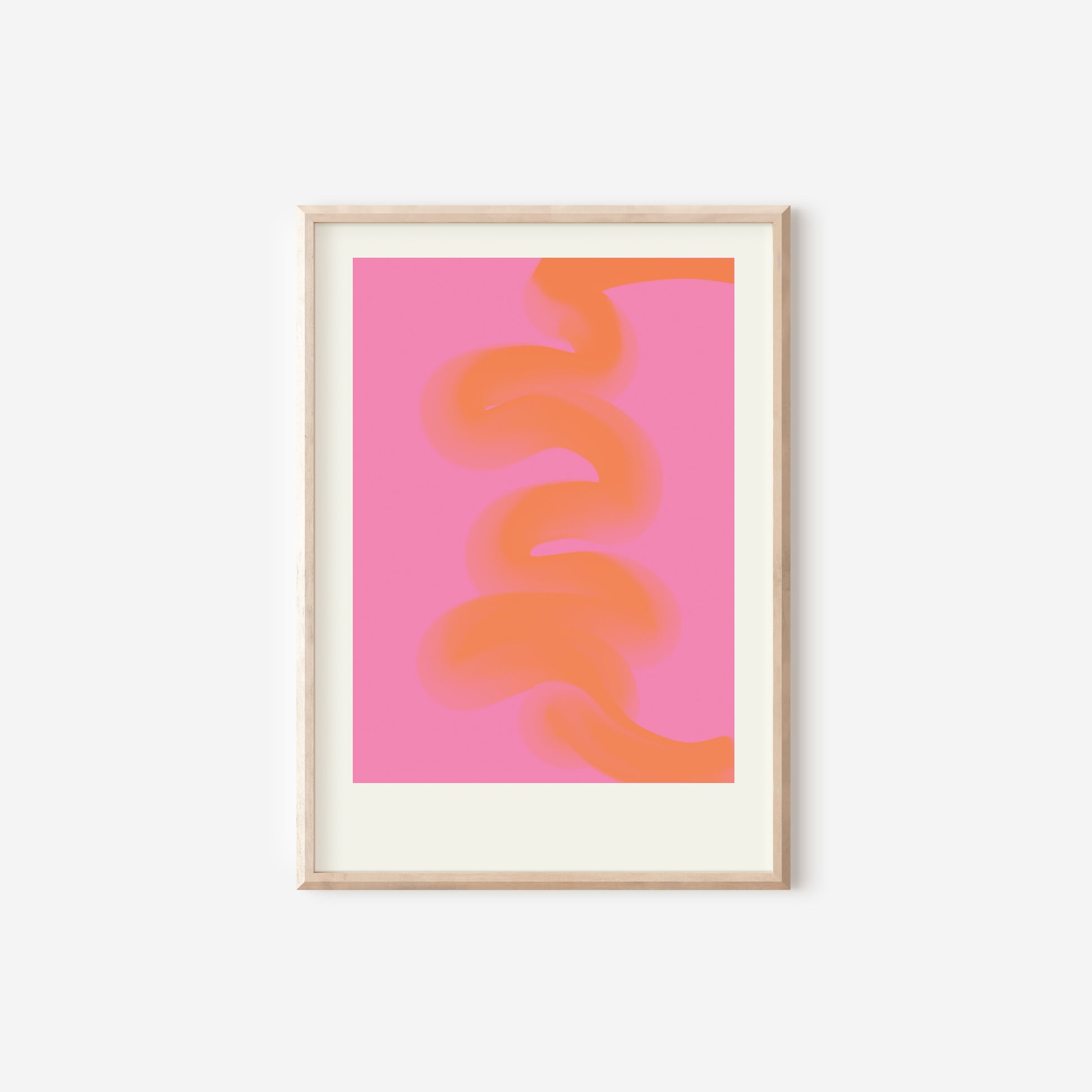 a pink and orange abstract art piece hanging on a wall