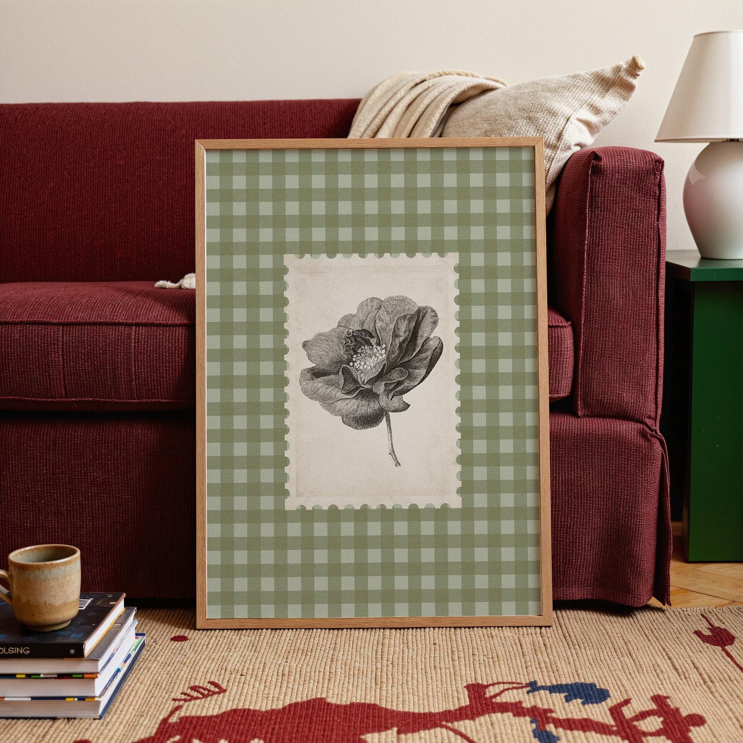 Floral Botanical Gingham Vintage Grey Green