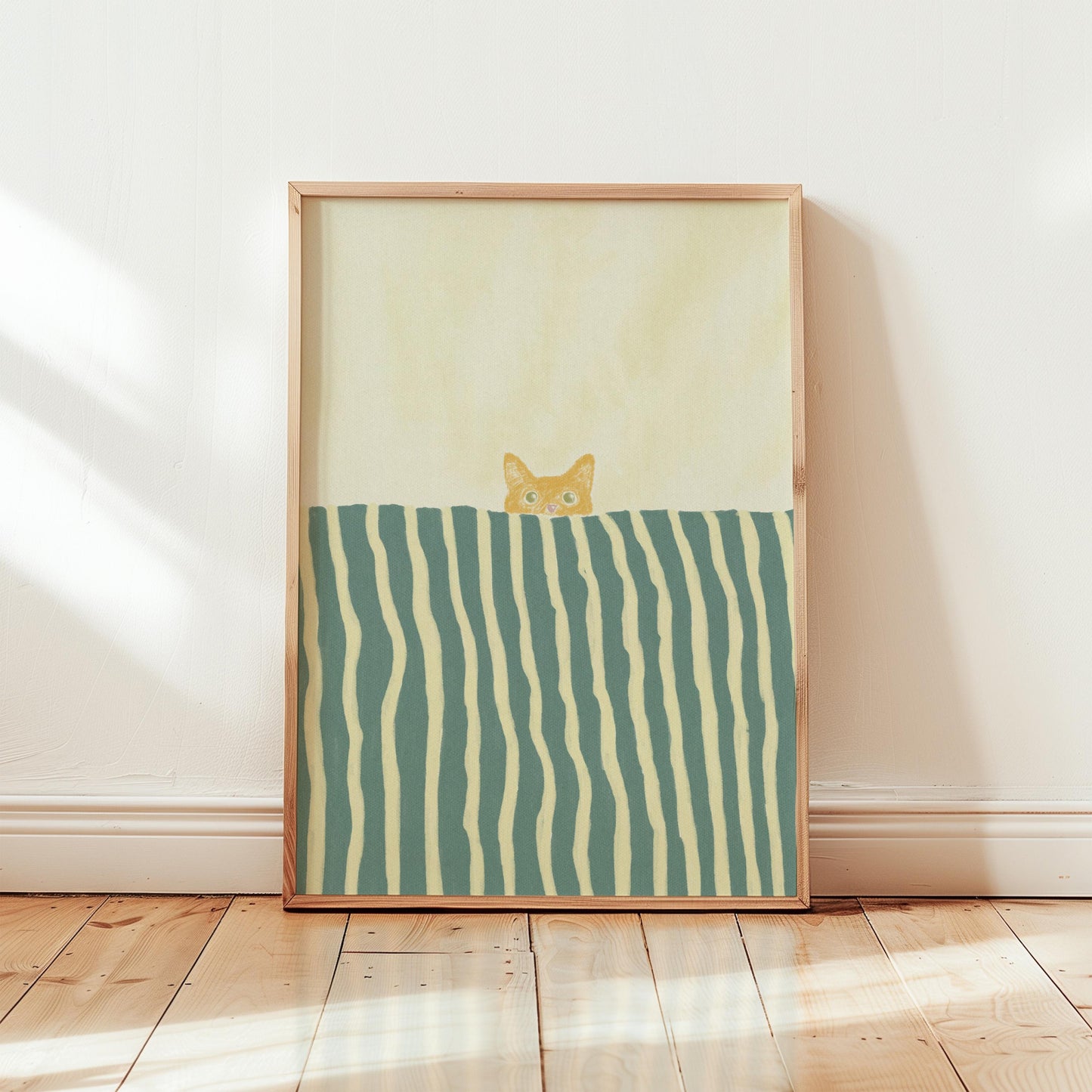 Orange Cat In Bed Stripe Green