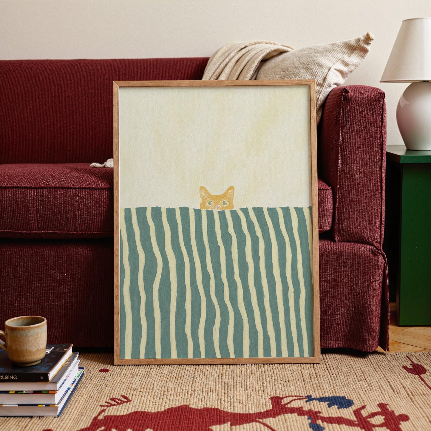Orange Cat In Bed Stripe Green