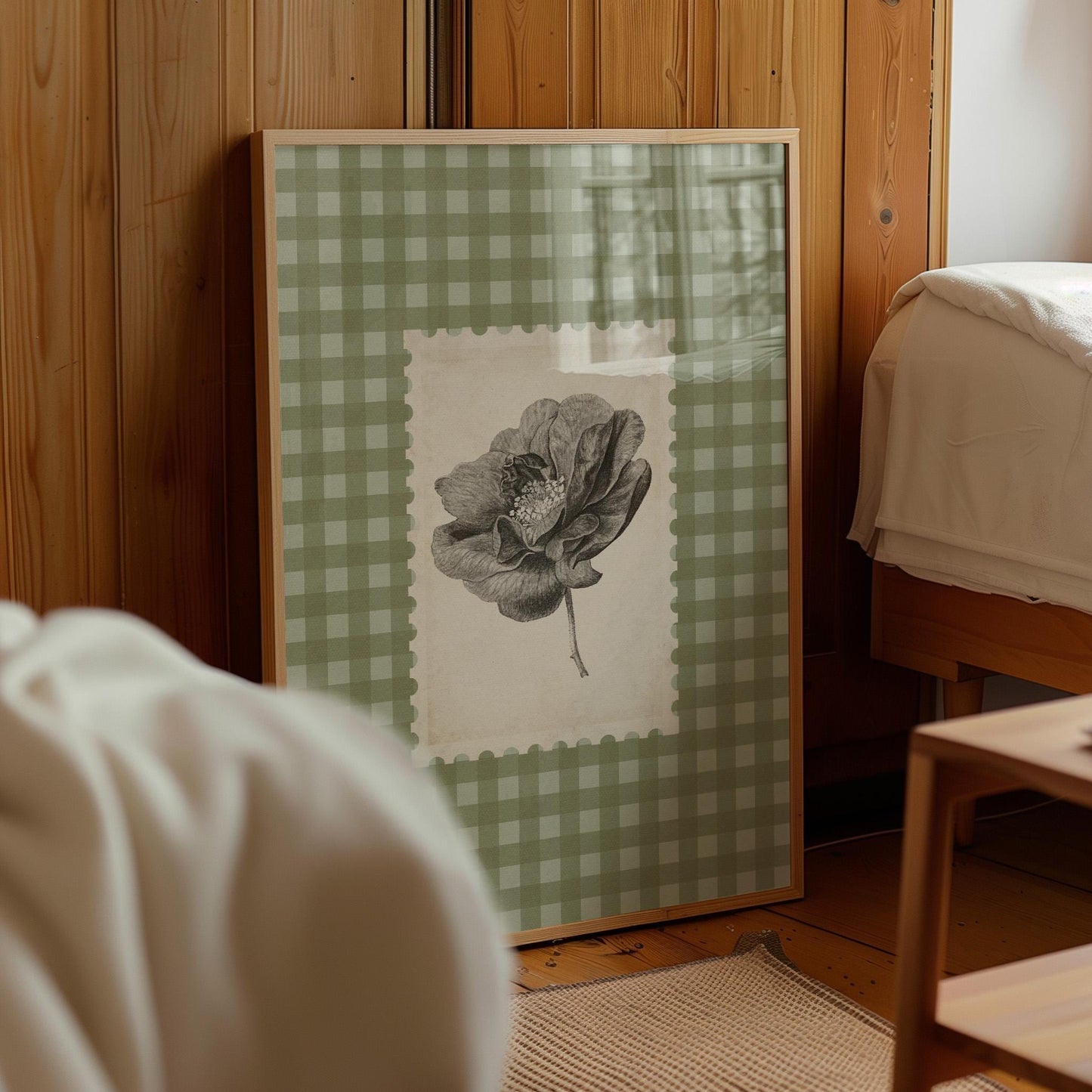 Floral Botanical Gingham Vintage Grey Green