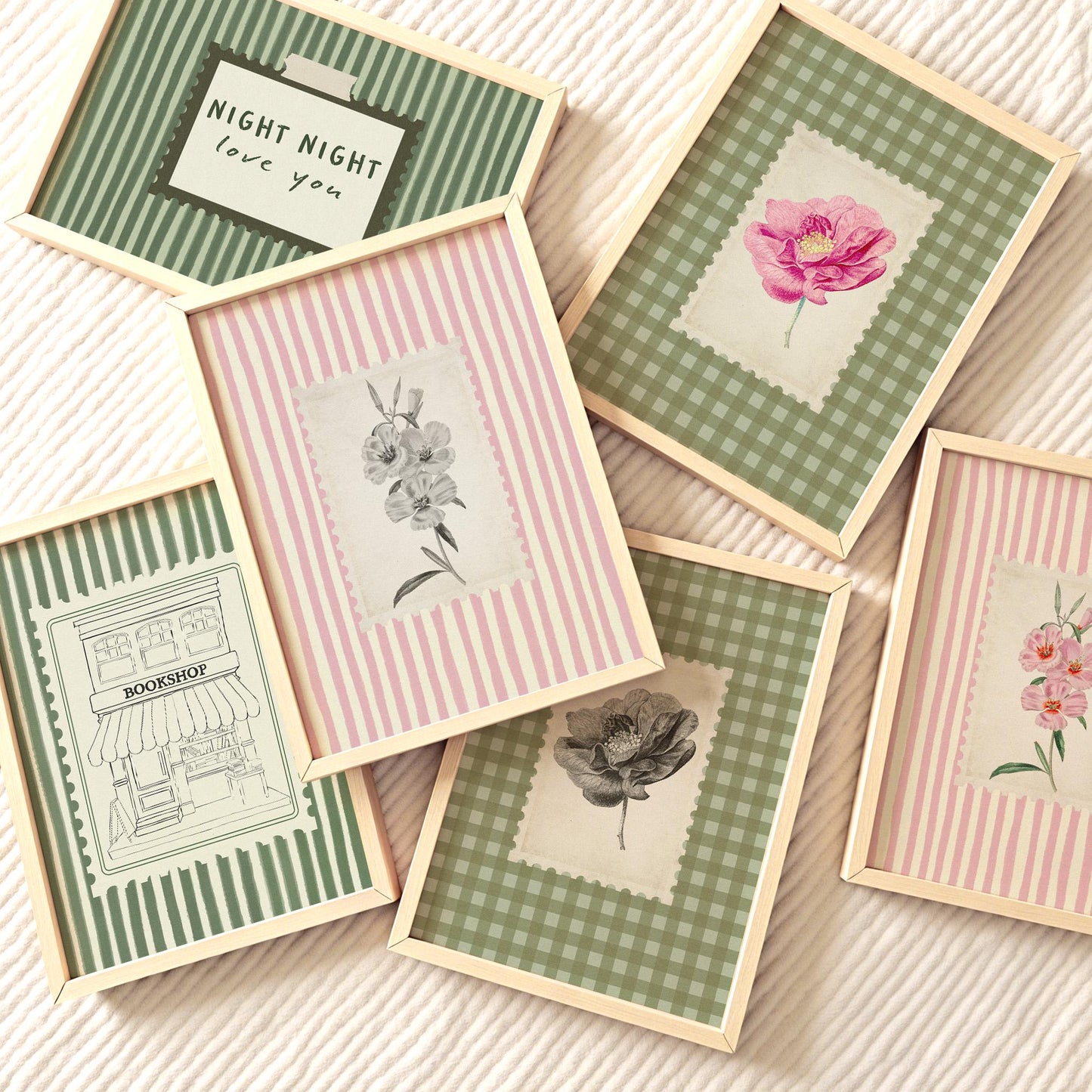 Floral Botanical Gingham Vintage Grey Green