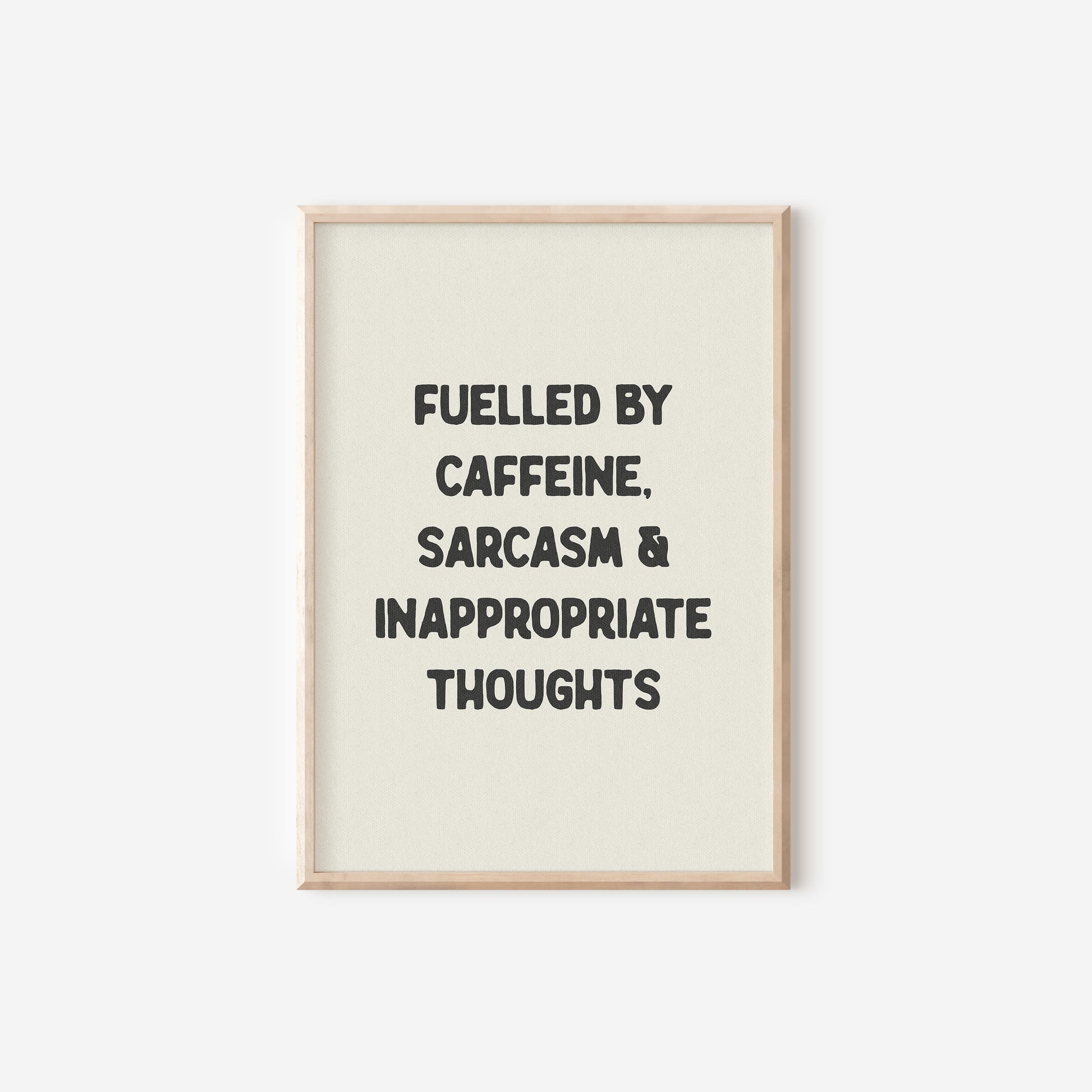 a black and white print with the words fueled by caffeine, sarcam