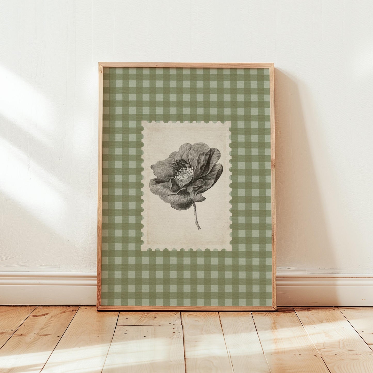 Floral Botanical Gingham Vintage Grey Green