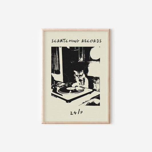 Cat Dj Scratching Records Black