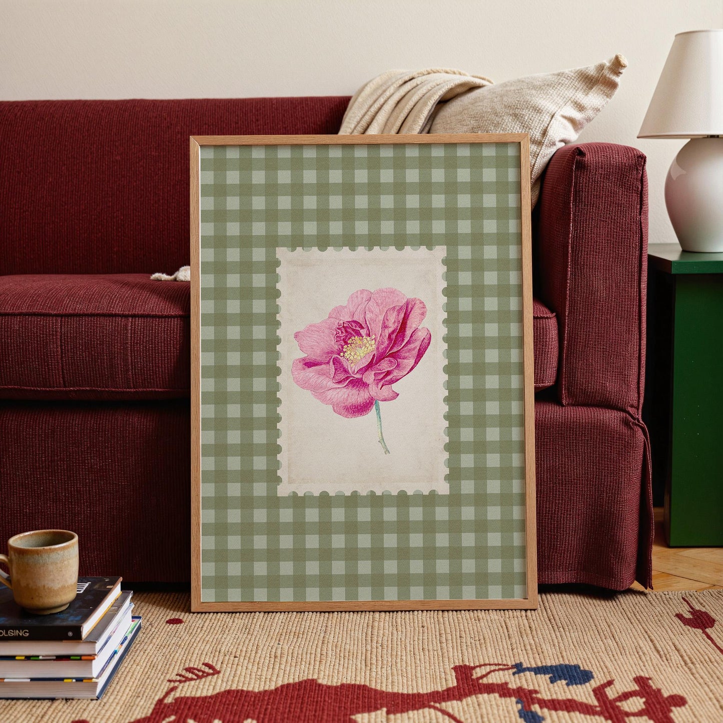Floral Botanical Gingham Vintage Green Pink