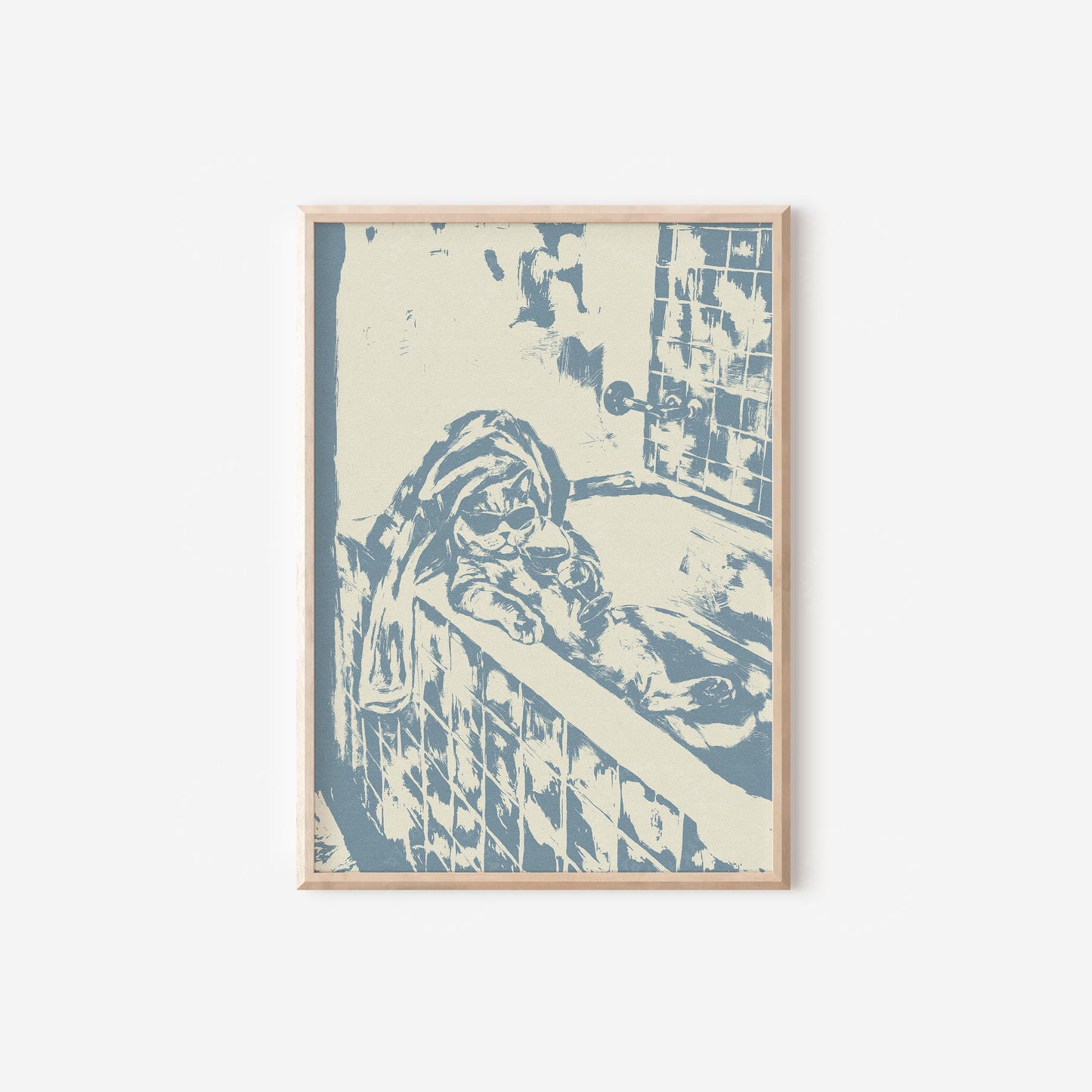 Cat in Bath Wine Party Blue