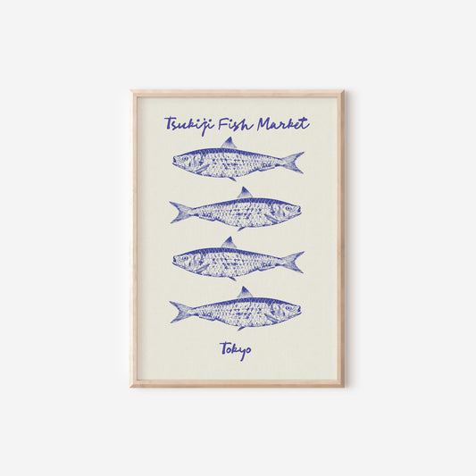 three fish are shown in blue ink on a white background