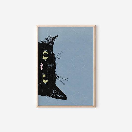 Peeking Black Cat Blue