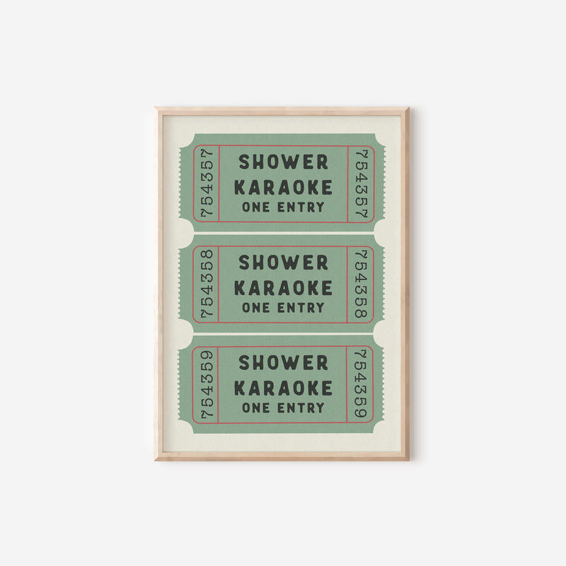 three green tickets with the words shower, karaoke, one entry