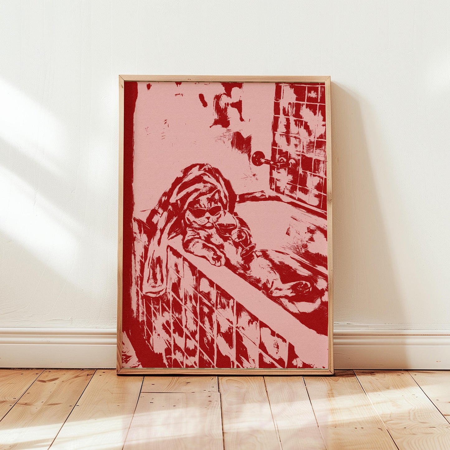 Cat in Bath Wine Party Pink Red