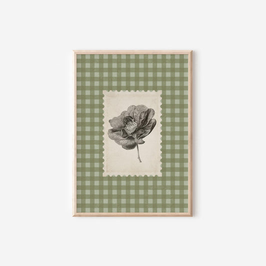 Floral Botanical Gingham Vintage Grey Green