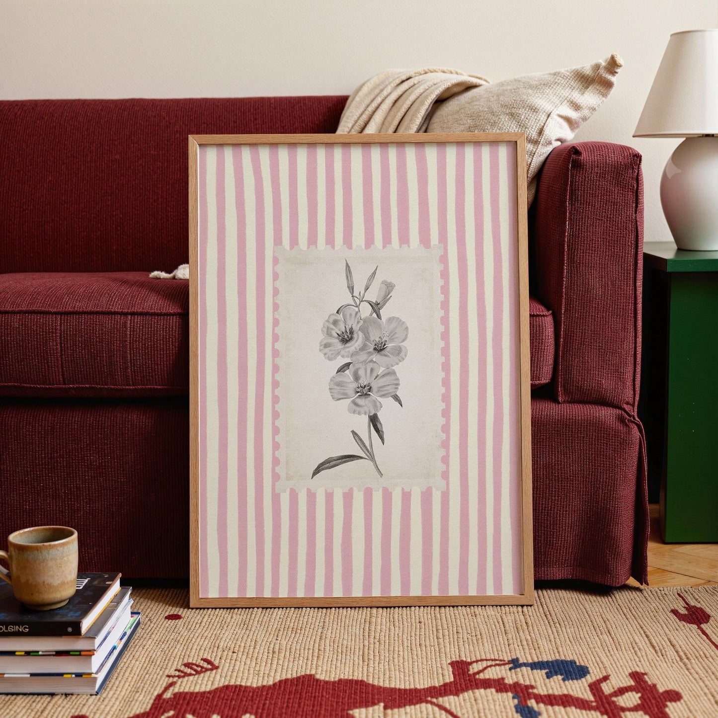 Floral Botanical Stripe Vintage Grey Pink