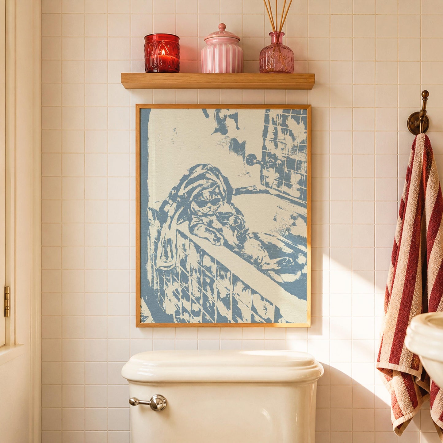 Cat in Bath Wine Party Blue