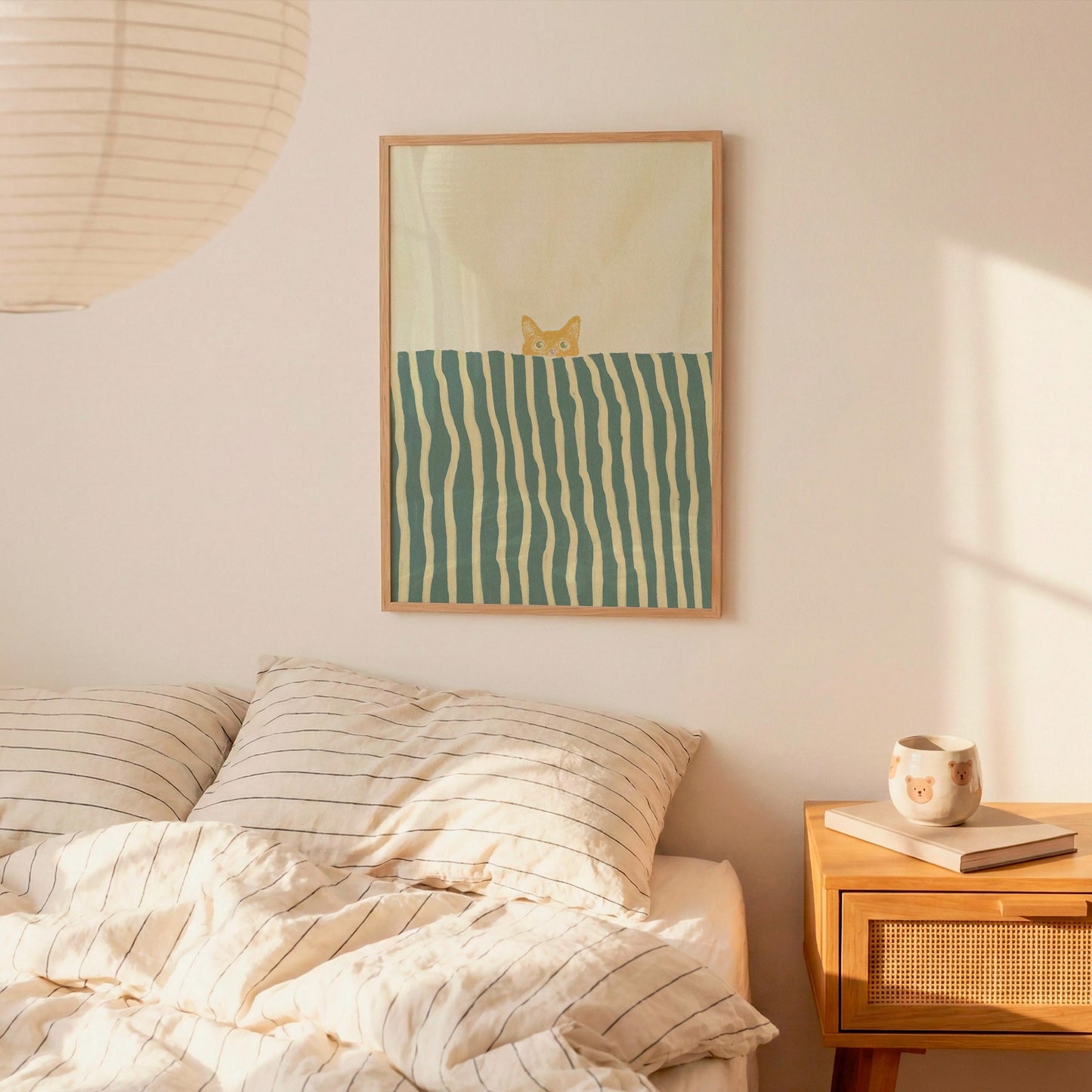 Orange Cat In Bed Stripe Green