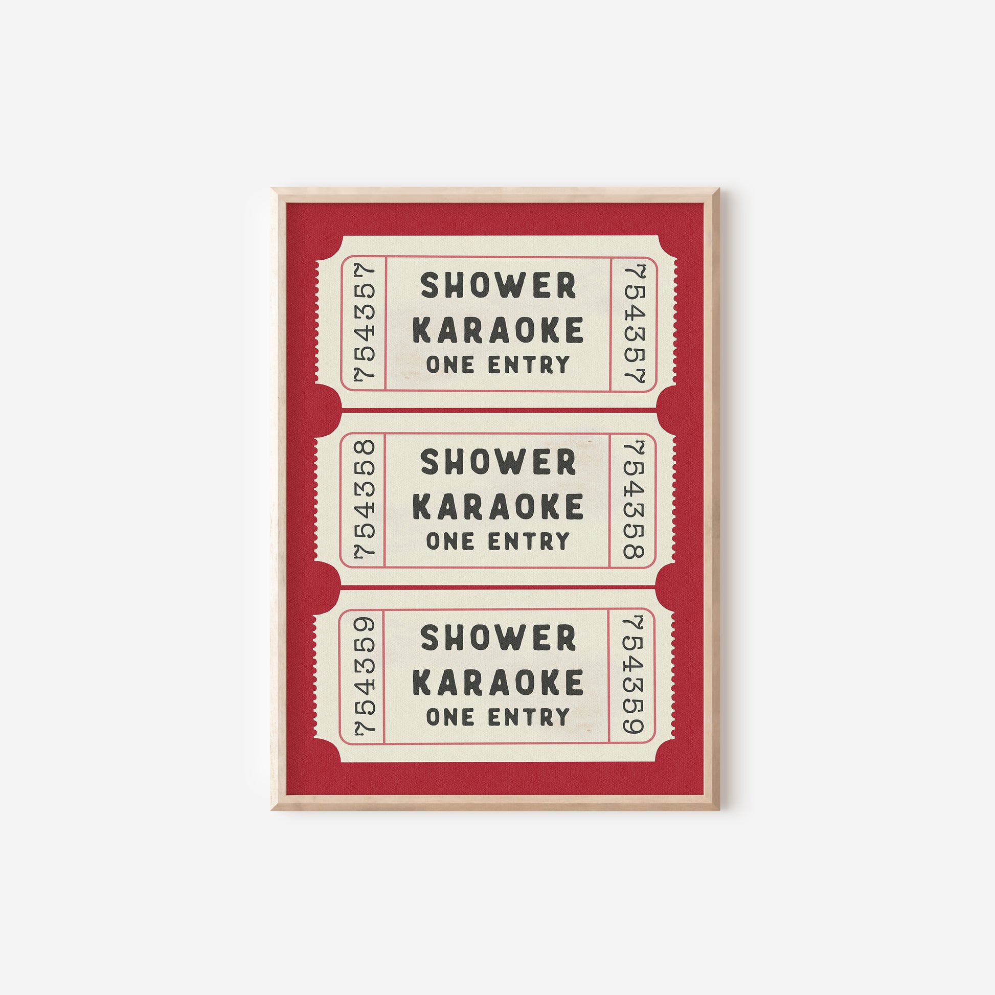 three red and white tickets on a white wall