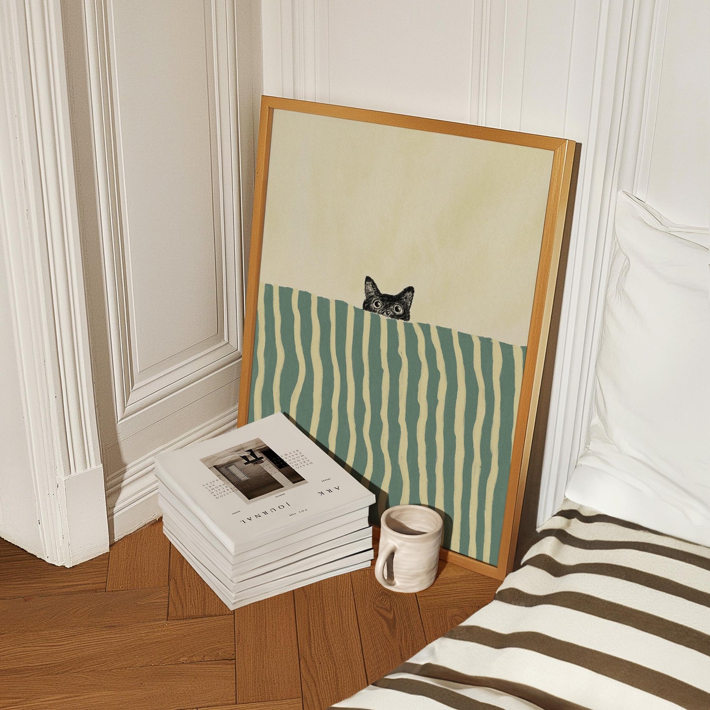 Black Cat In Bed Stripe Green